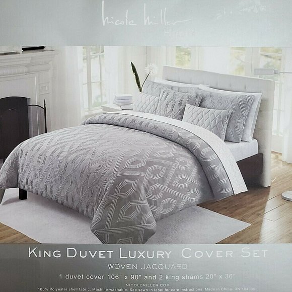 Nicole Miller Woven Jacquard Luxury 3 Piece Geometric King Duvet Cover Set - Picture 3 of 11